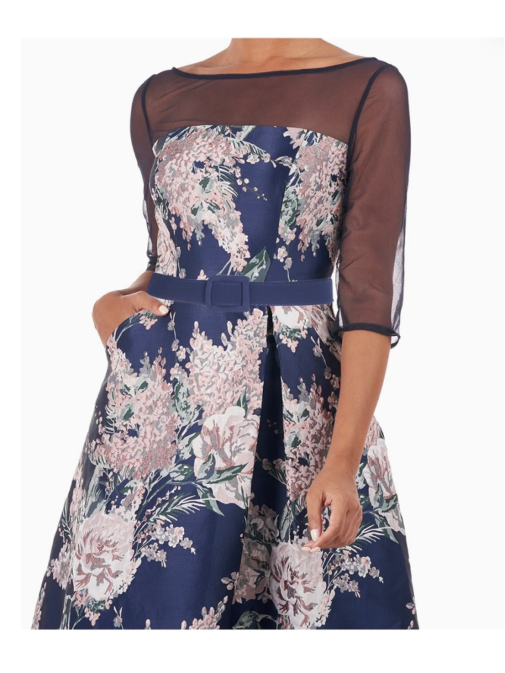 NWT KAY UNGER Heather Navy Floral Belted Pocket Lined Gown Dress Size 8 - Picture 5 of 6